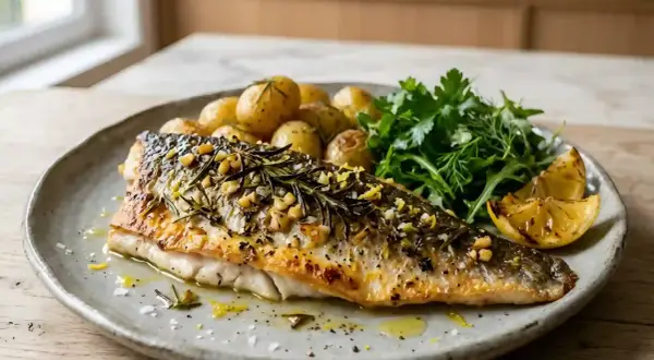 Un délicieux bar rôti, garni de romarin et de noix, servi avec des pommes de terre nouvelles et une salade verte. La cuisson du bar est parfaite.