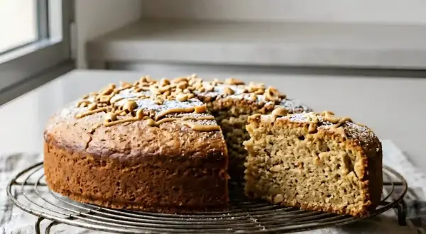 Gâteau moelleux au beurre de cacahuète, garni de cacahuètes et d'un filet de glaçage. Une part a été coupée, révélant sa texture riche.