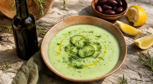 Un délicieux velouté de concombre, garni de fines tranches de concombre et d'aneth frais, avec des quartiers de citron et des olives à proximité.