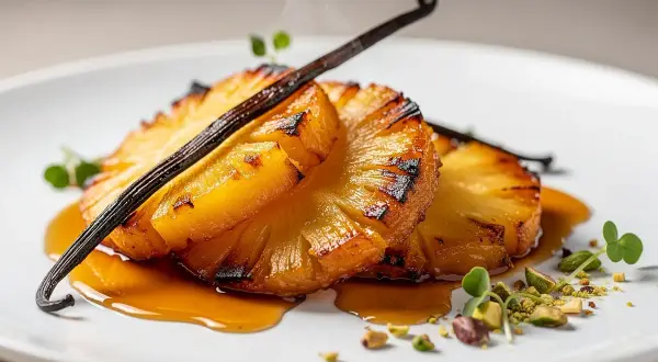Tranches d'ananas rôti caramélisées, nappées d'un sirop ambré, garnies d'une gousse de vanille et de pistaches concassées.
