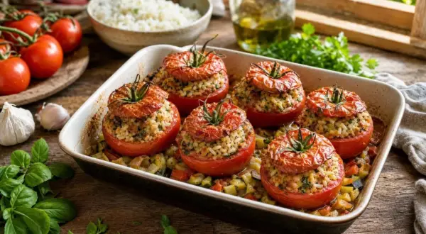 Tomates farcies laurent mariotte, garnies de riz et d'herbes, dans un plat avec des légumes.