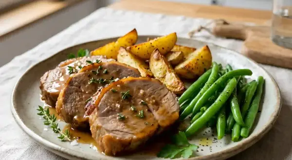 Tranches de tendron de veau nappées de sauce, accompagnées de pommes de terre rôties et haricots verts. Une recette savoureuse.