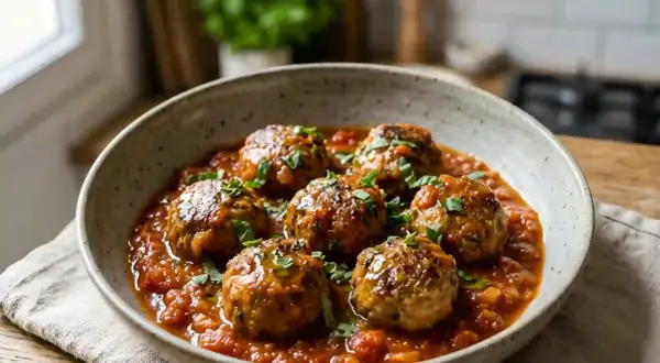 Un plat réconfortant de boulettes de viande dans une sauce tomate savoureuse, garni de persil frais. Une recette de boulette de viande qui fait saliver.
