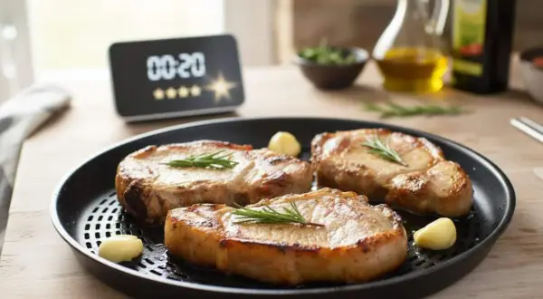 Trois belles côtes de porc dorées, garnies de romarin, prêtes à être dégustées. La cuisson à l'airfryer a rendu ces côtes de porc parfaites.