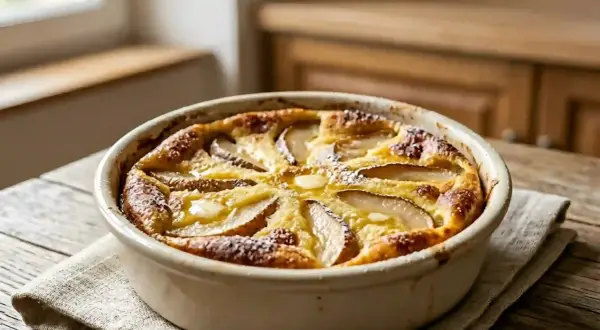 Un délicieux clafoutis aux poires, doré et saupoudré de sucre glace, prêt à être dégusté.