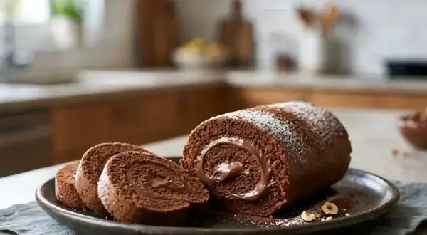Un délicieux roulé au Nutella, saupoudré de sucre glace, sur une assiette avec quelques noisettes. Un vrai plaisir gourmand !