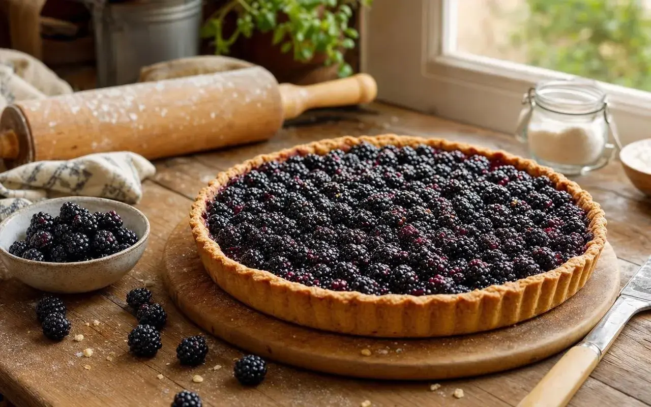 Une délicieuse tarte mûres, garnie de fruits frais, est prête à être dégustée. Un rouleau à pâtisserie et un bol de mûres complètent la scène.