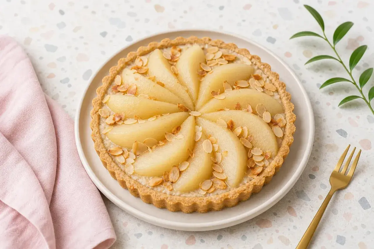 Tarte amandine aux poires, joliment décorée de lamelles d'amandes grillées et de poires tendres disposées en rosace.