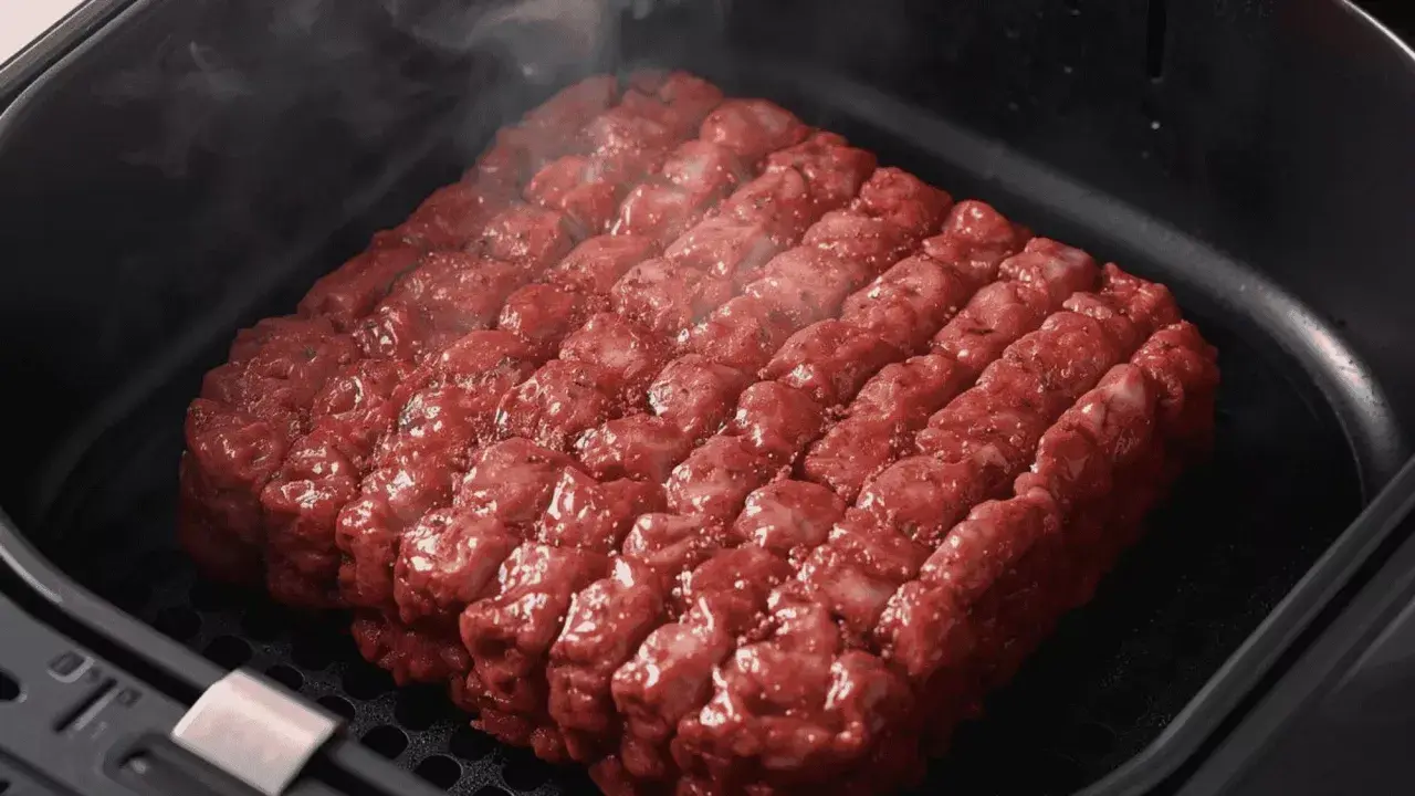 Un gros steak haché, assaisonné et prêt à cuire dans un air fryer. La vapeur s'échappe, promettant un repas savoureux.