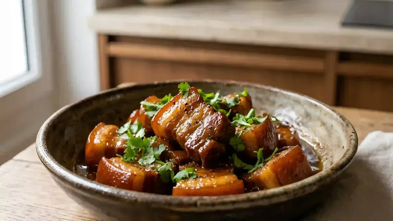 Un plat appétissant de porc au caramel, garni de coriandre fraîche, prêt à être dégusté.