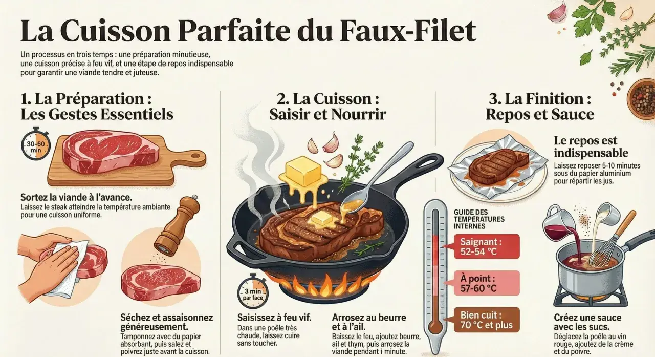 Illustration montrant les étapes pour un parfait sauté de bœuf : préparation, cuisson à la poêle avec beurre et ail, puis repos et sauce.