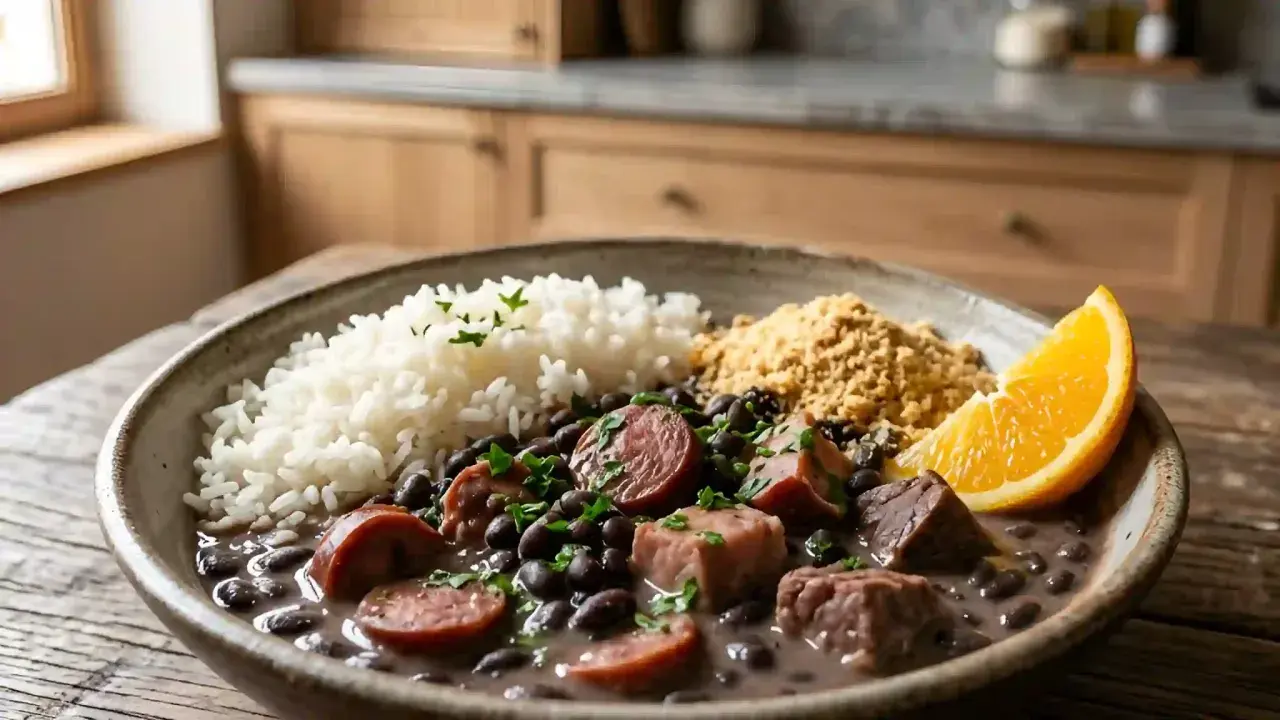 Un plat de feijoada brésilienne, avec riz blanc, haricots noirs, saucisses, viande, farofa et une tranche d'orange.