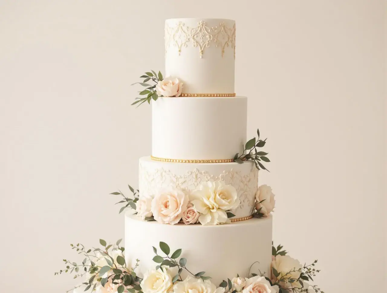 Magnifique gâteau des mariés à quatre étages, orné de dentelle dorée, de roses pâles et de feuillage.