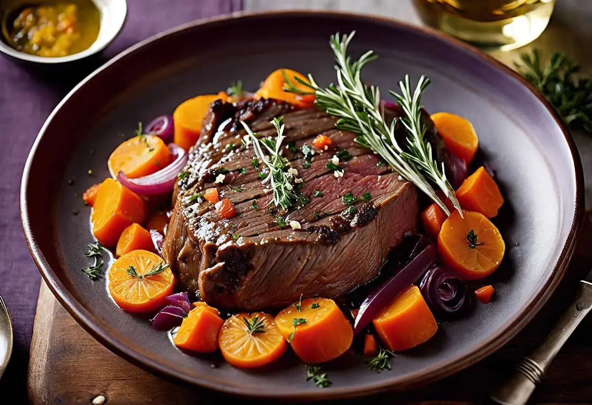 Un plat de daube de boeuf savoureux, garni de carottes, d'oignons rouges et de romarin frais.