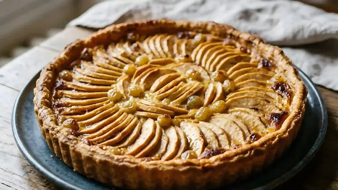 Tarte normande aux pommes et raisins, dorée et appétissante, prête à être dégustée.