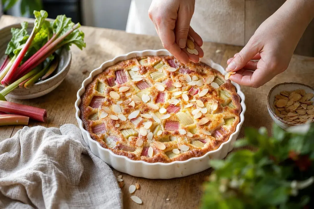 Un clafoutis rhubarbe aux amandes effilées, garni par des mains expertes, prêt à être dégusté.