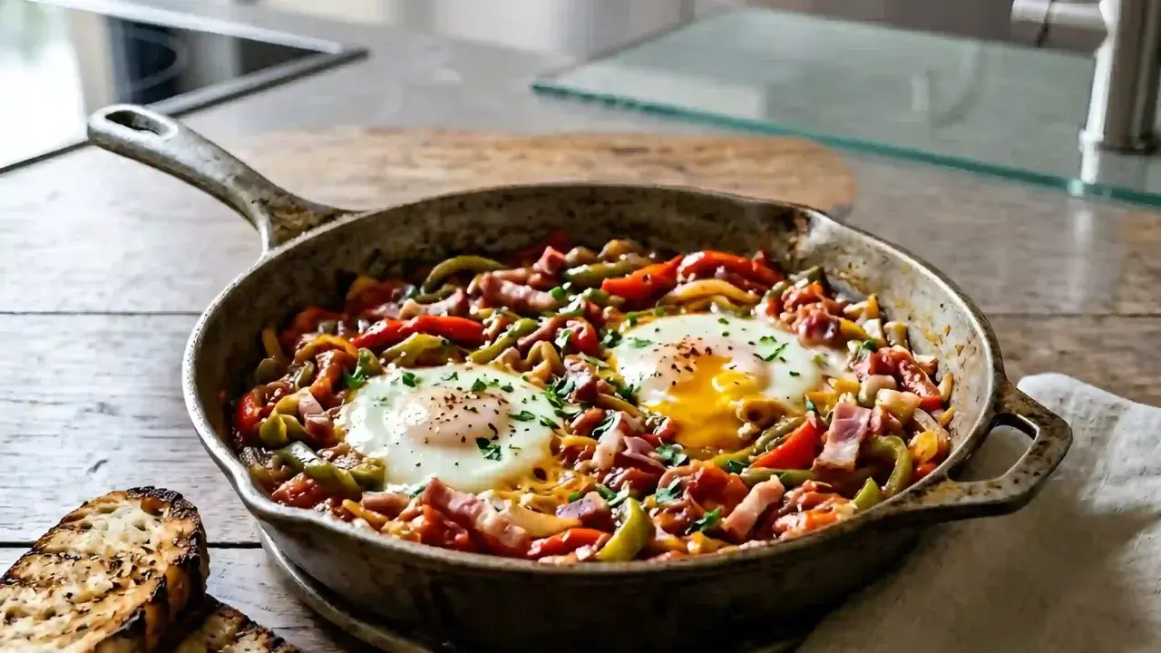 Poêlée de poivrons, tomates et œufs pochés, une délicieuse piperade recette, garnie de persil frais.