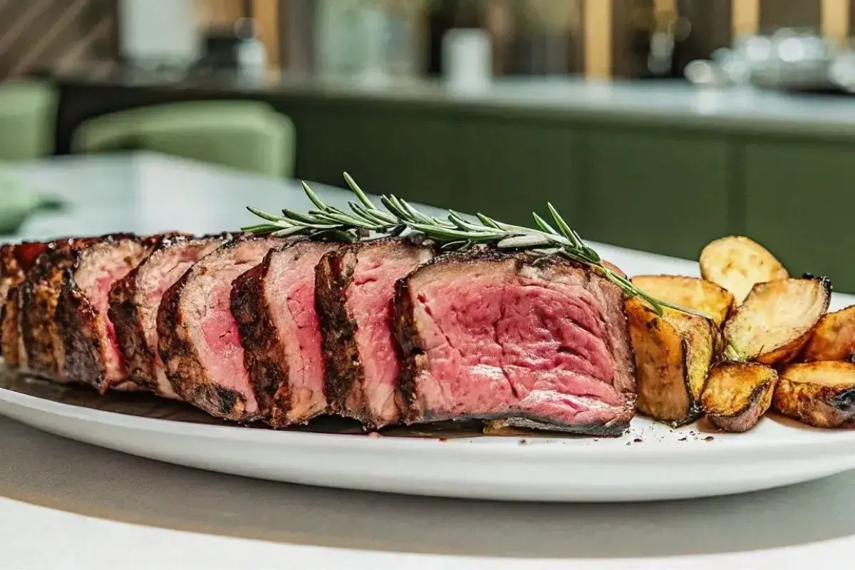 Une succulente entrecôte au four, tranchée et garnie de romarin, accompagnée de pommes de terre rôties sur une assiette blanche.