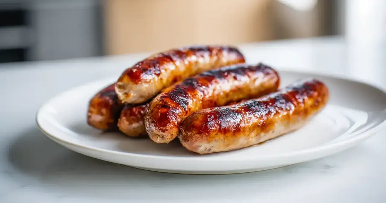 Saucisses dorées et juteuses, parfaitement cuites à l'air fryer, sur une assiette blanche. Un délice croustillant !