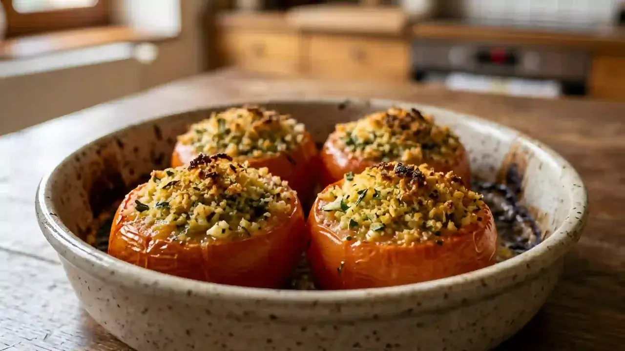 Quatre tomates à la provençale à la poêle, garnies d'une chapelure dorée et d'herbes fraîches, dans un plat en céramique.