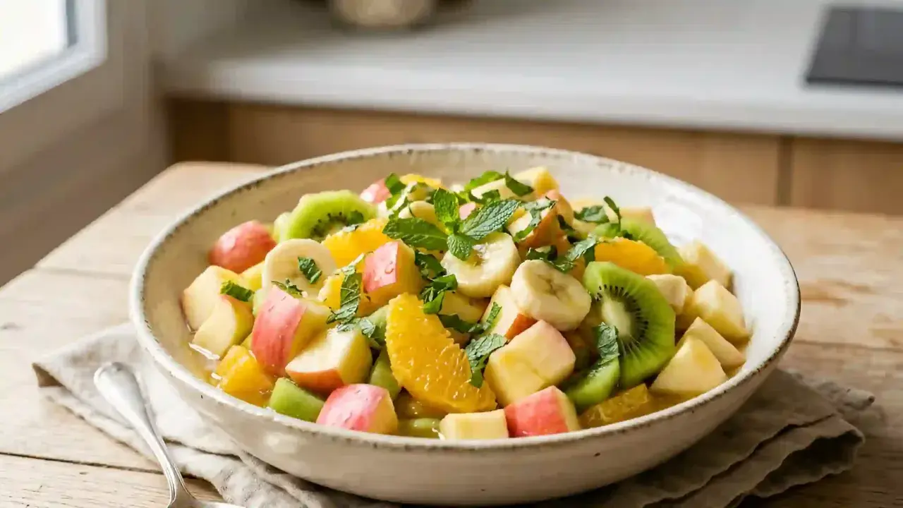 Un bol généreux de salade de fruits colorée, garnie de menthe fraîche. Pommes, kiwis, bananes et oranges se mélangent pour un délice rafraîchissant.