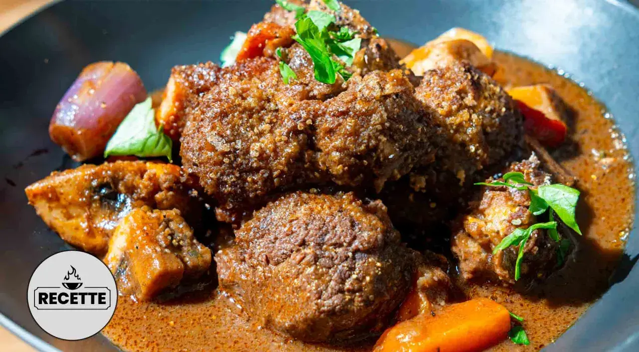 Un plat réconfortant de boeuf miroton recette, avec des morceaux de viande tendres mijotés dans une sauce savoureuse, accompagnés de carottes et d'oignons.
