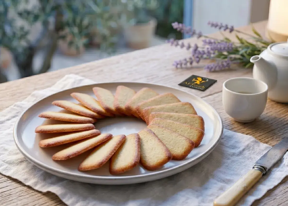 Un plateau de langues de chat dorées disposées en cercle, prêtes à être dégustées avec une tasse de thé.