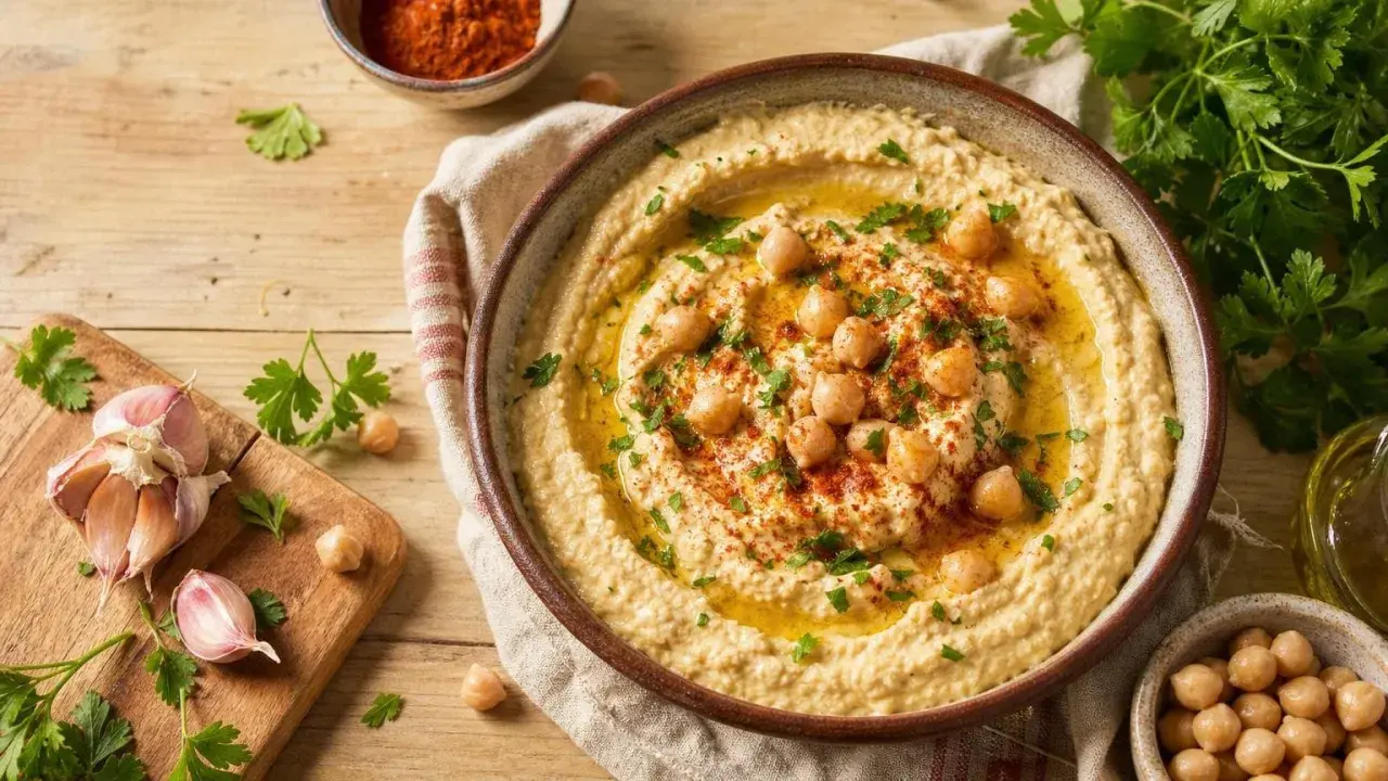 Un bol de houmous crémeux, garni de pois chiches, persil et paprika. Une recette maison facile, avec ail et pois chiches à côté.