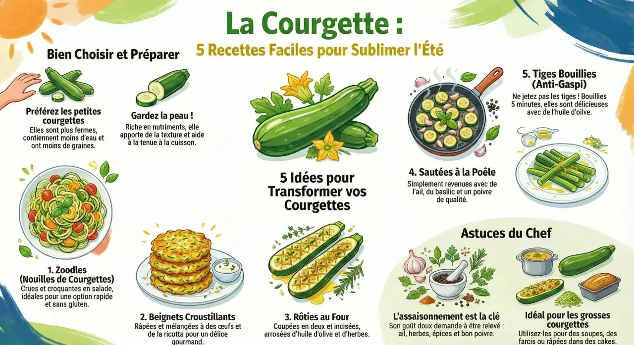 Illustration montrant diverses méthodes de cuisson des courgettes : en zoodles, beignets, rôties, sautées, et les tiges bouillies.