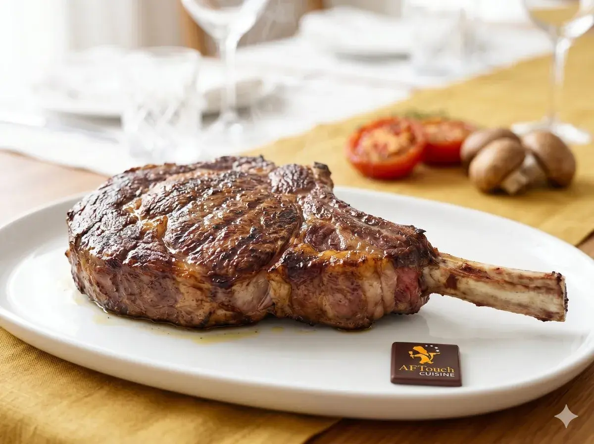 Un magnifique côte de bœuf, prêt à être dégusté. Grillé à la perfection, il attend patiemment sur une assiette blanche, accompagné de tomates et de champignons.