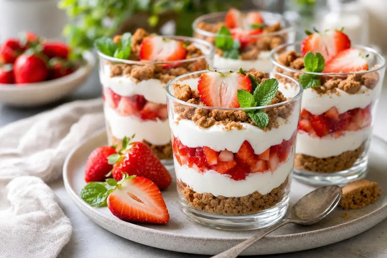 Délicieux dessert fraise en couches : fruits rouges, crème onctueuse et crumble croustillant, garni d'une fraise fraîche et d'une feuille de menthe.