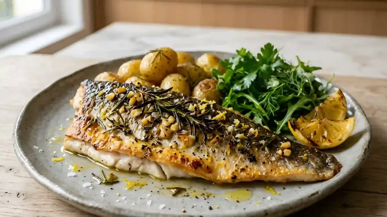 Un délicieux bar rôti, garni de romarin et de noix, servi avec des pommes de terre nouvelles et une salade verte. La cuisson du bar est parfaite.