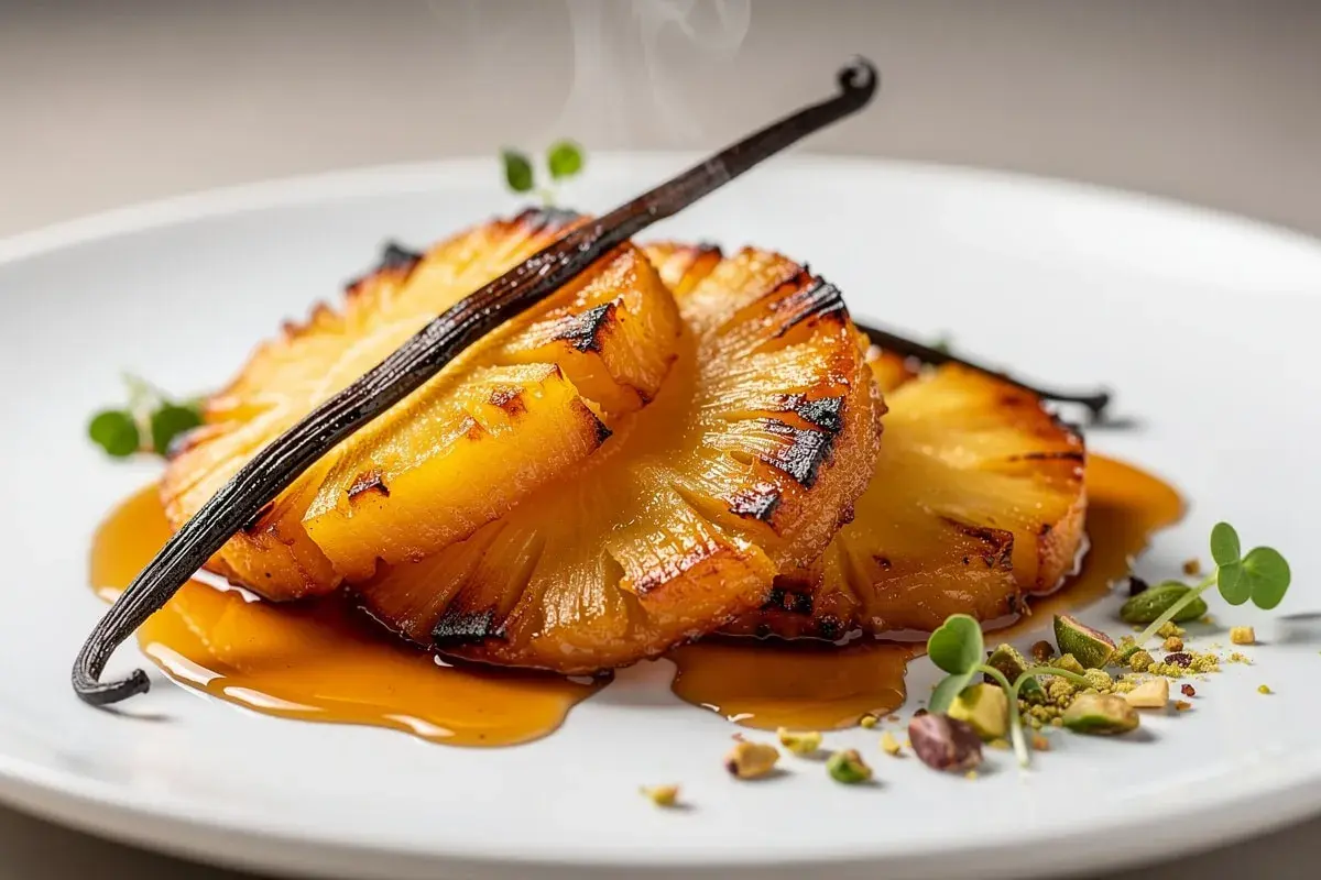 Tranches d'ananas rôti caramélisées, nappées d'un sirop ambré, garnies d'une gousse de vanille et de pistaches concassées.