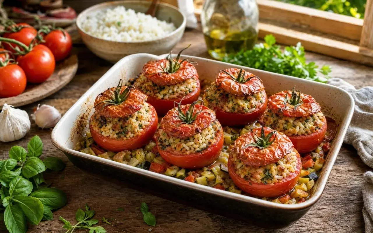 Tomates farcies laurent mariotte, garnies de riz et d'herbes, dans un plat avec des légumes.