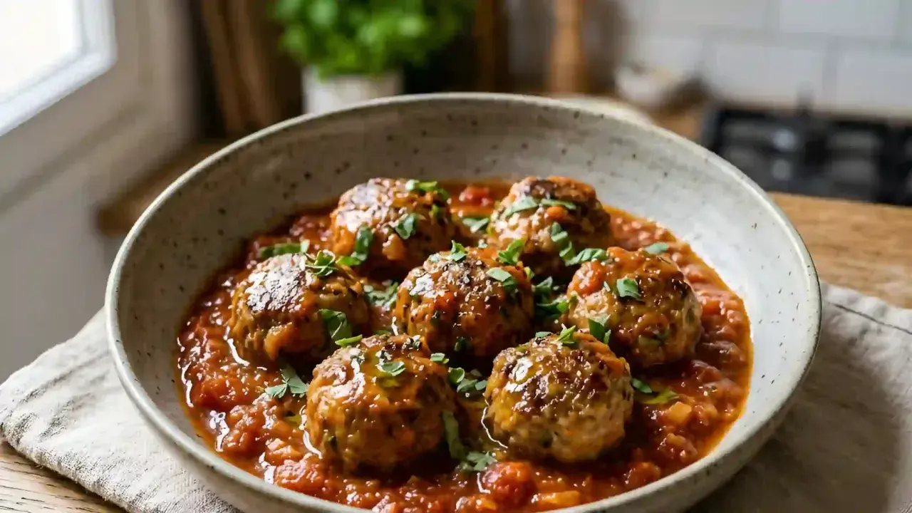 Un plat réconfortant de boulettes de viande dans une sauce tomate savoureuse, garni de persil frais. Une recette de boulette de viande qui fait saliver.