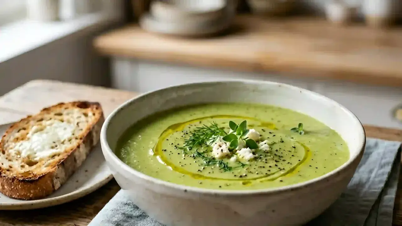 Soupe courgette crémeuse, garnie d'herbes fraîches et de fromage émietté, servie avec une tranche de pain grillé. Un délice qui rappelle la douceur de la Vache qui rit.