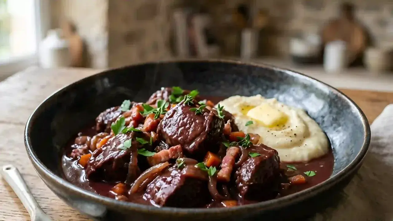Un plat de civet de chevreuil recette grand chef, servi avec une purée onctueuse et garni d'herbes fraîches.