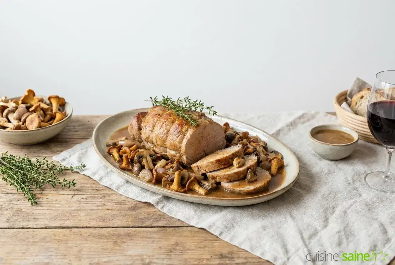 Délicieux quasi de veau rôti, servi avec une poêlée de champignons et une sauce onctueuse. Une recette parfaite pour un repas savoureux.