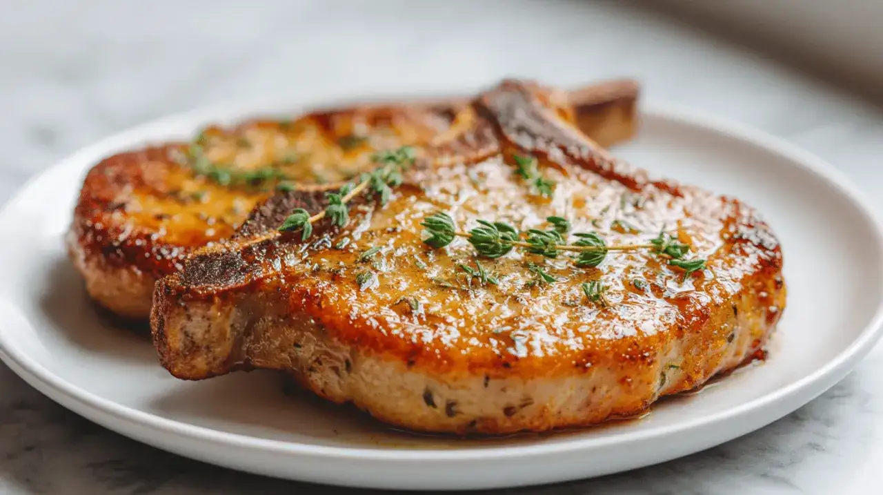 Deux c&ocirc;tes de porc dor&eacute;es, cuites &agrave; l'airfryer, garnies de thym frais sur une assiette blanche.