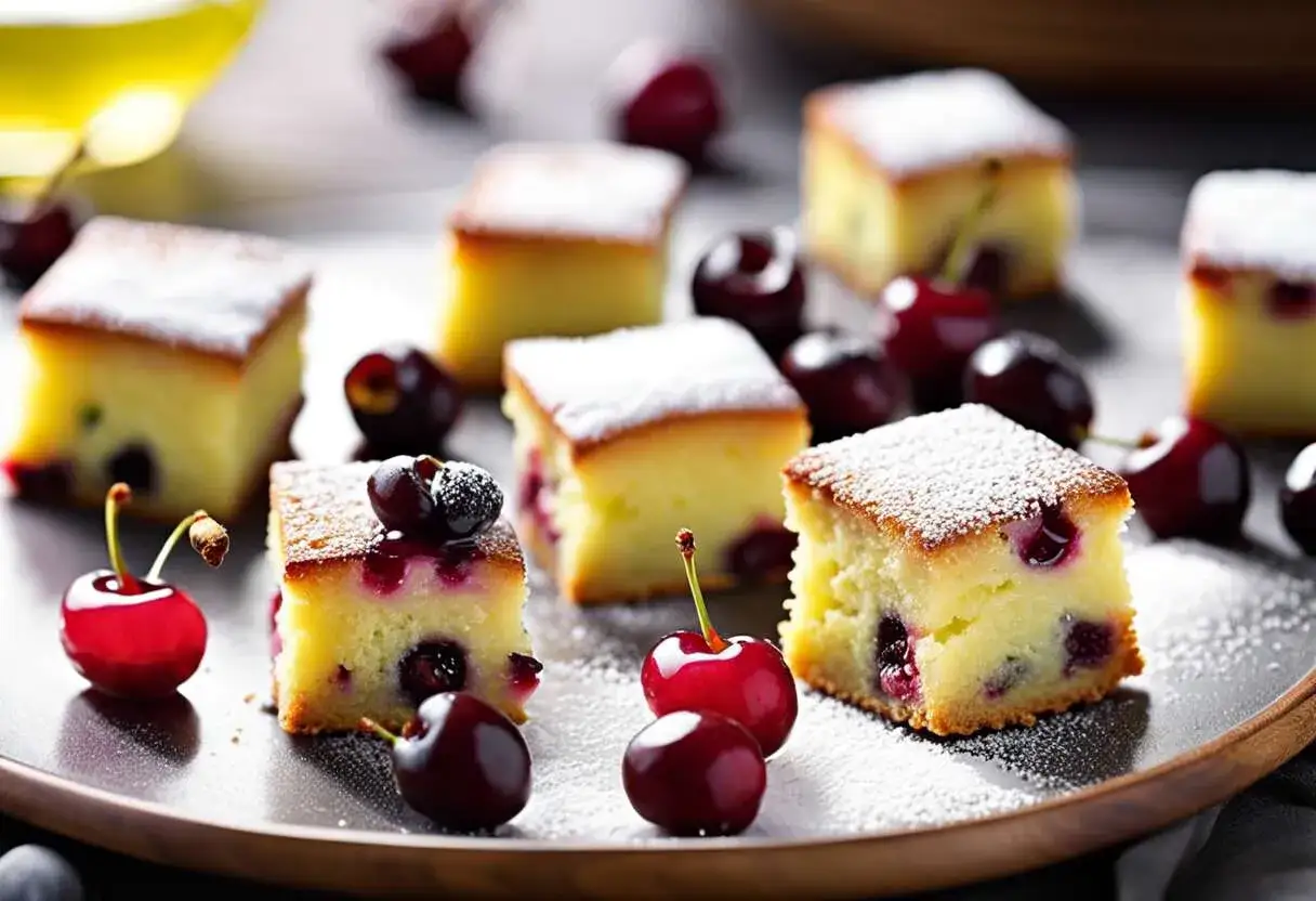 D&eacute;licieux financier aux cerises, saupoudr&eacute; de sucre glace, avec des cerises fra&icirc;ches dispos&eacute;es autour.