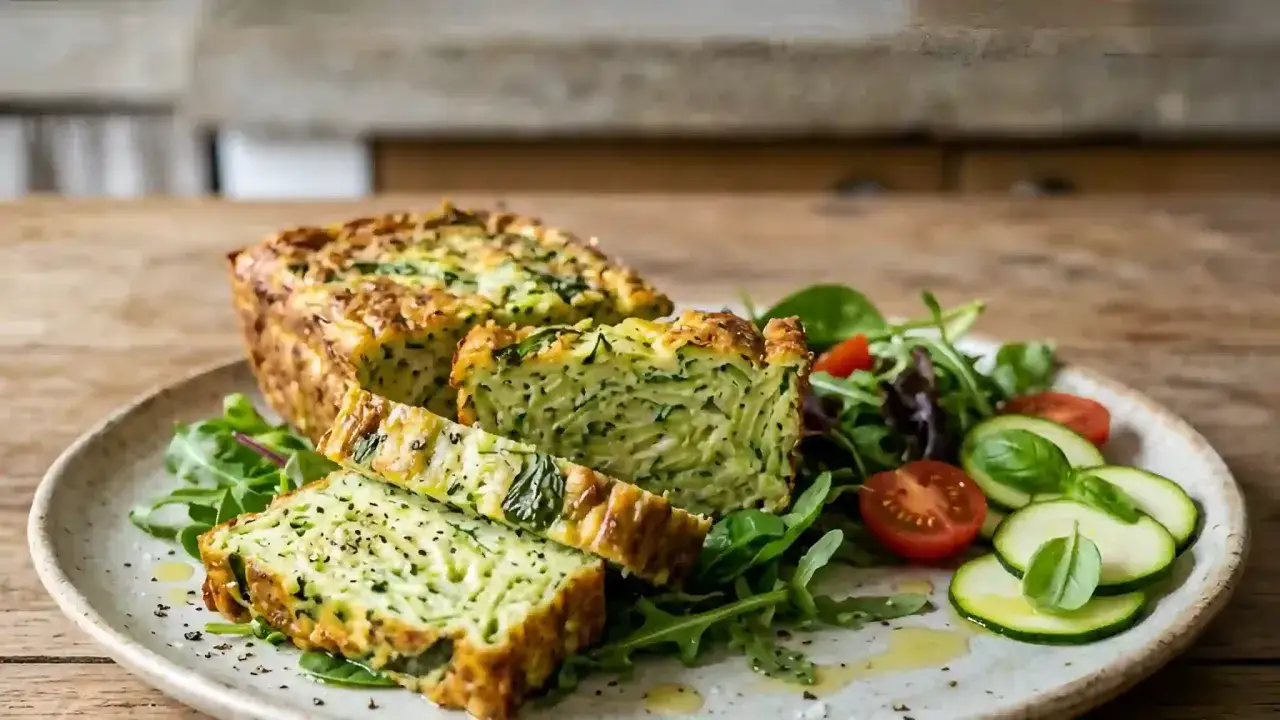 Une tranche de terrine de courgettes facile et d&eacute;licieuse, servie avec une salade fra&icirc;che.