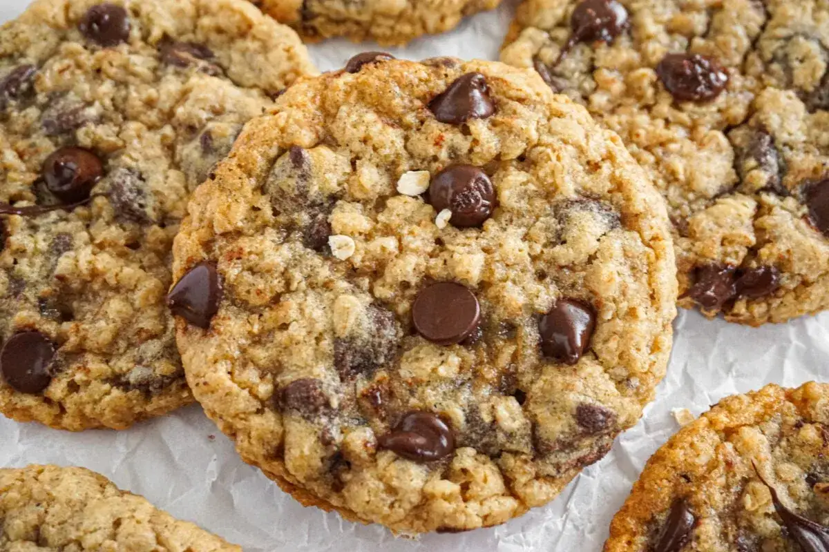 Gros plan sur des cookies flocons d'avoine aux p&eacute;pites de chocolat, dor&eacute;s et app&eacute;tissants, pr&ecirc;ts &agrave; &ecirc;tre d&eacute;gust&eacute;s.