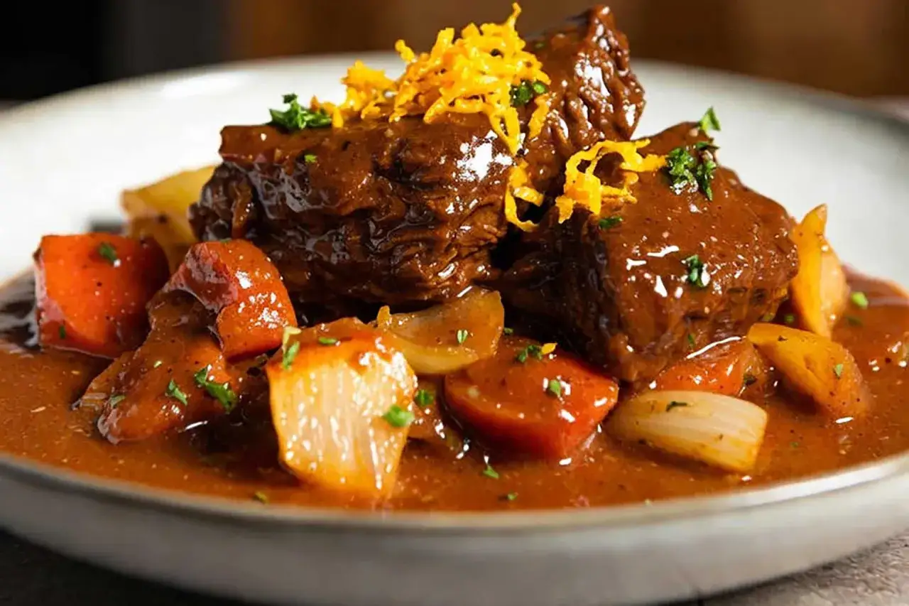 Un plat r&eacute;confortant de daube de boeuf mijot&eacute;e avec des carottes et des oignons, garni d'herbes fra&icirc;ches et d'une touche d'orange.