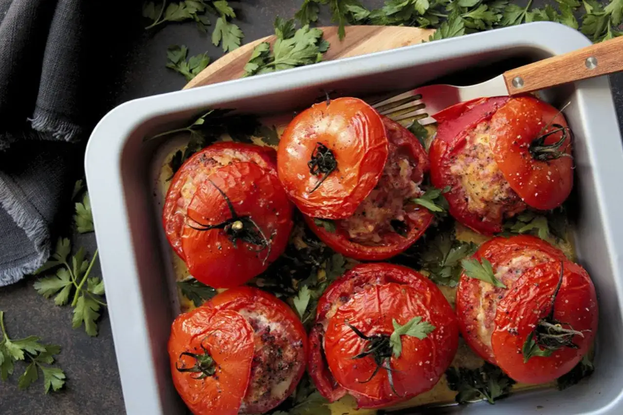 Tomates farcies prêtes à être dégustées. Le temps de cuisson idéal pour ces délices est bientôt terminé.