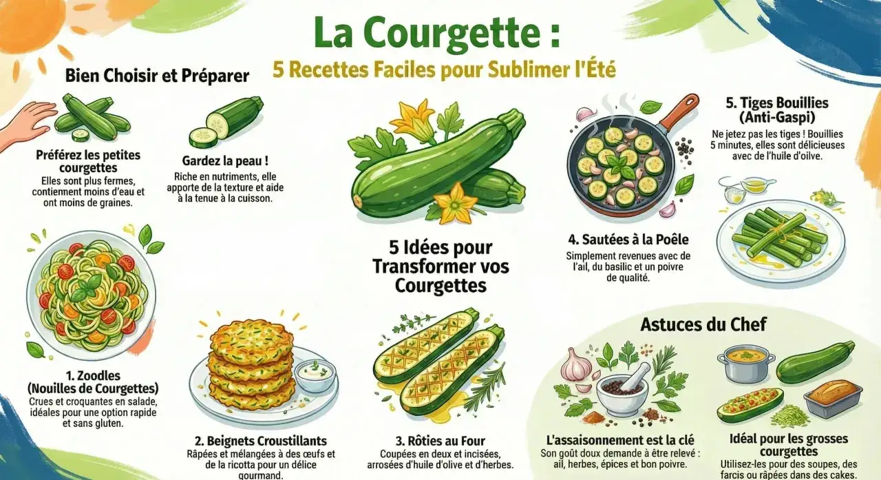 Illustration montrant diverses idées de cuisson des courgettes : zoodles, beignets, rôties, sautées, et tiges bouillies.