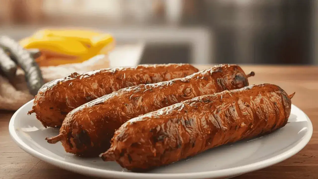 Trois andouillettes dorées et appétissantes, cuites à la perfection dans un air fryer, sur une assiette blanche.