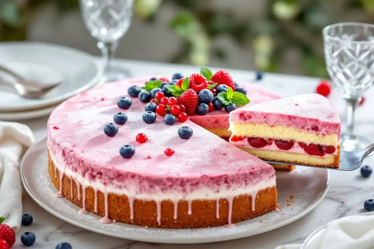 D&eacute;licieux dessert glac&eacute; aux fruits rouges, parfait pour une recette d'&eacute;t&eacute;. Une part est servie.