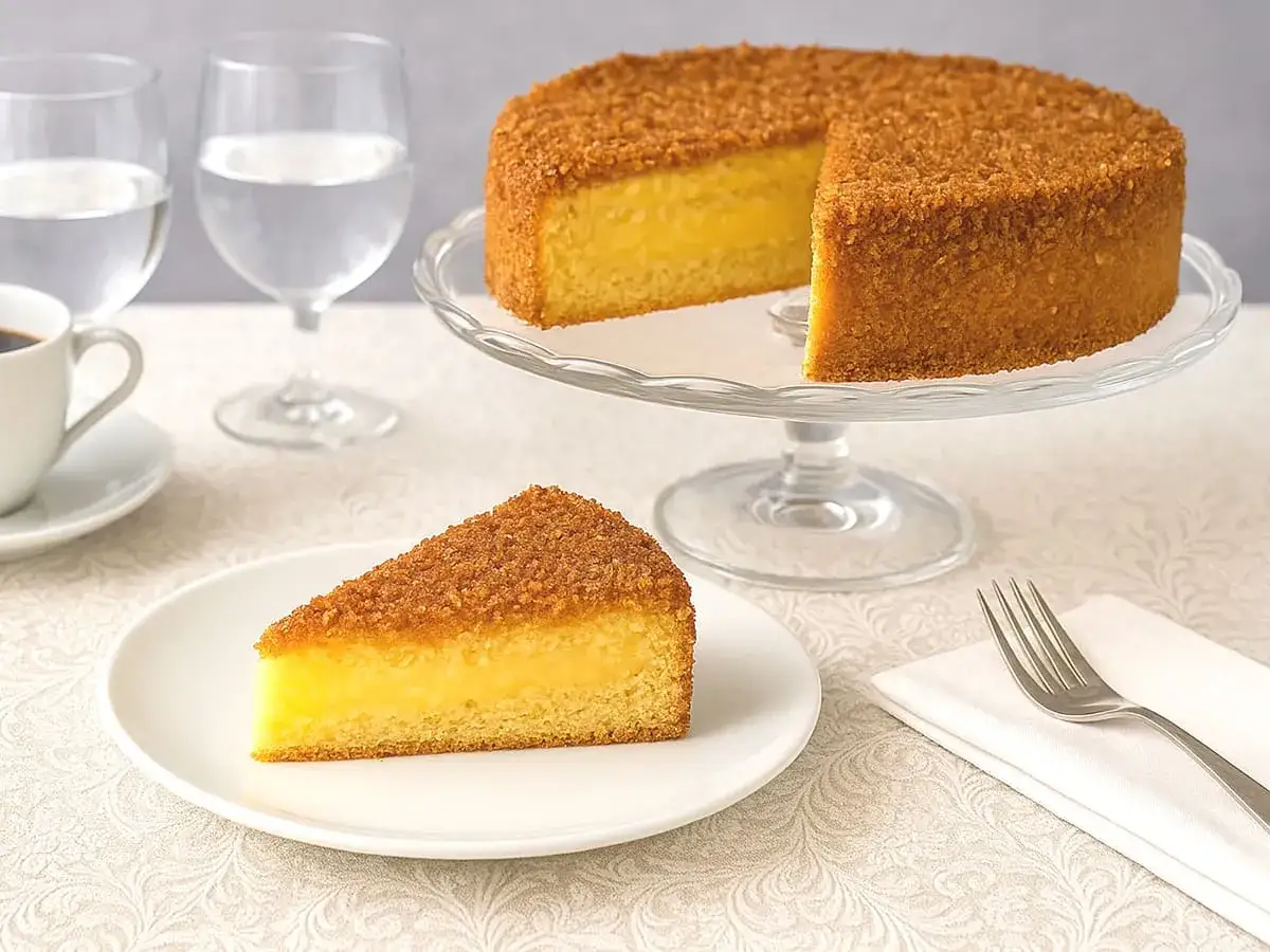 Un délicieux gâteau moelleux ananas, avec une tranche servie sur une assiette, prêt à être dégusté avec un café.