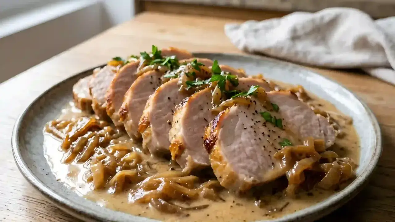 Tranches de r&ocirc;ti de porc au lait de grand-m&egrave;re, napp&eacute;es d'une sauce onctueuse aux oignons caram&eacute;lis&eacute;s et garnies de persil frais. Un d&eacute;lice r&eacute;confortant.