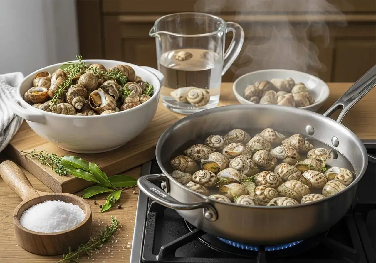 Les bulots mijotent dans un court-bouillon fumant. Le temps de cuisson des bulots au court-bouillon est presque termin&eacute;.